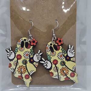 Hippie Halloween Flower Ghost Wood Earrings